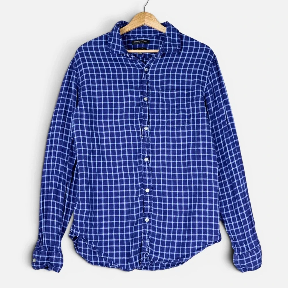 Banana Republic Mens Blue Windowpane 100% Linen Camden Standard Fit Shirt M